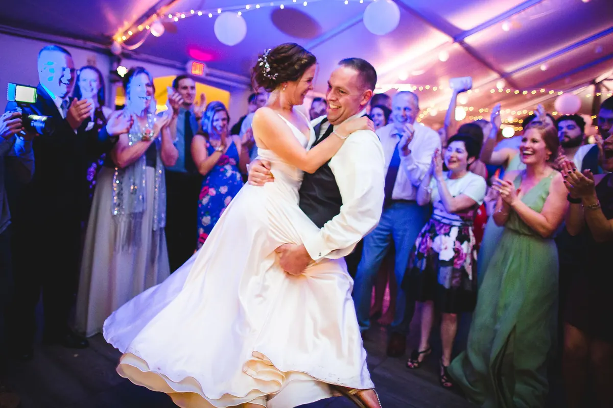 Couple dancing surrounded by guests